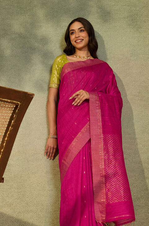 Dark Pink Pure Silk Cutwork Saree