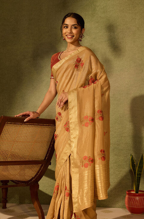 Beige Viscose Tissue Embroidered Saree