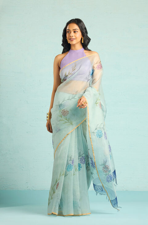 Blue Pure Silk Organza Hand Painted Banarasi Saree