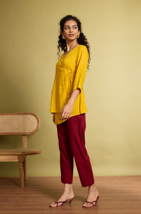 Yellow Viscose Embroidered Short Top