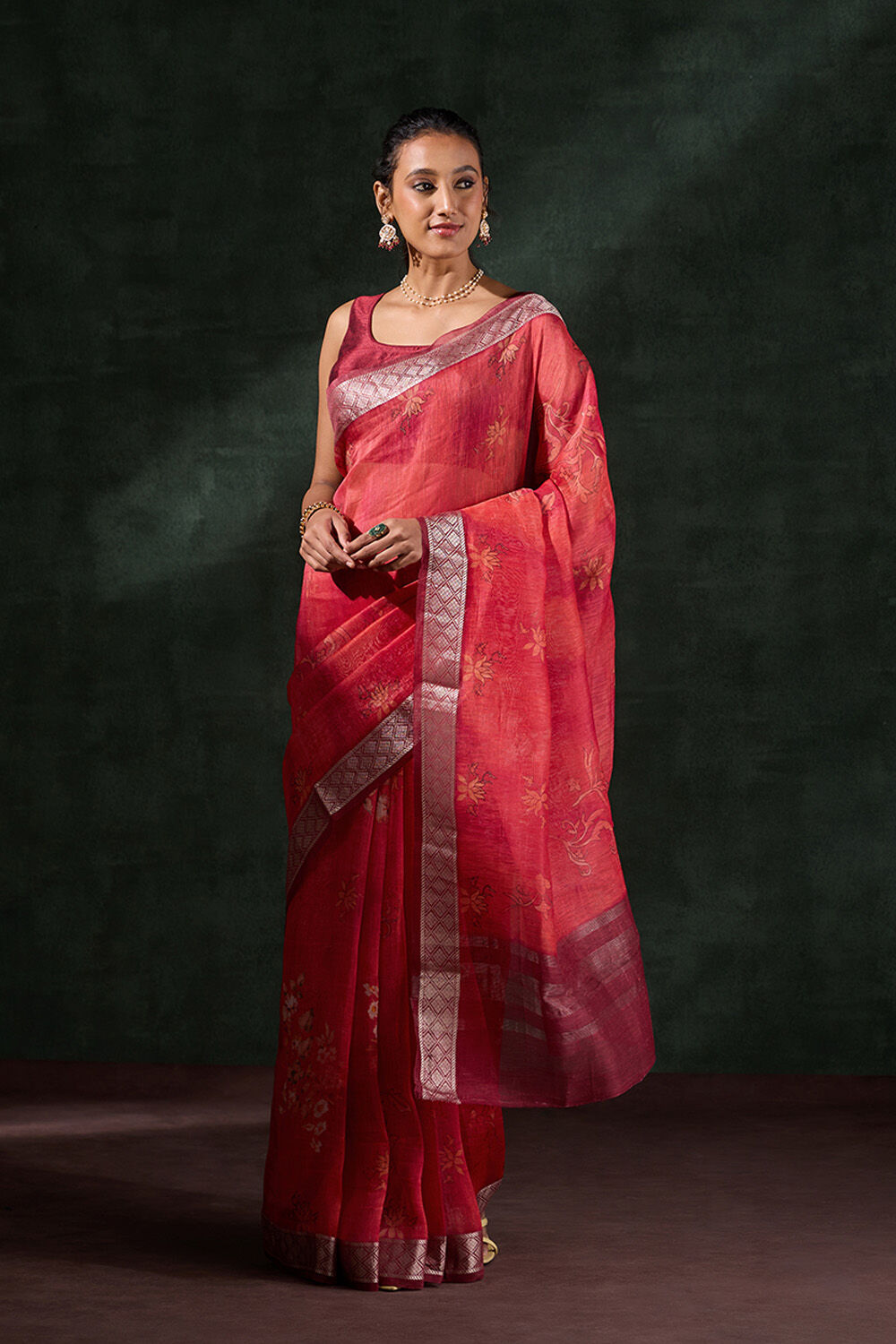 Dark Red Printed Pure Silk Linen Saree image number null