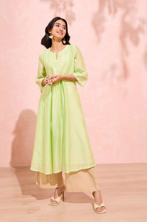 Light Green Pure Silk Cotton Chikankari Kurta