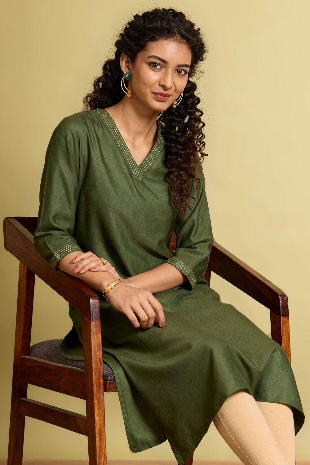 Dark Green Silk Viscose Embroidered Kurta image number null