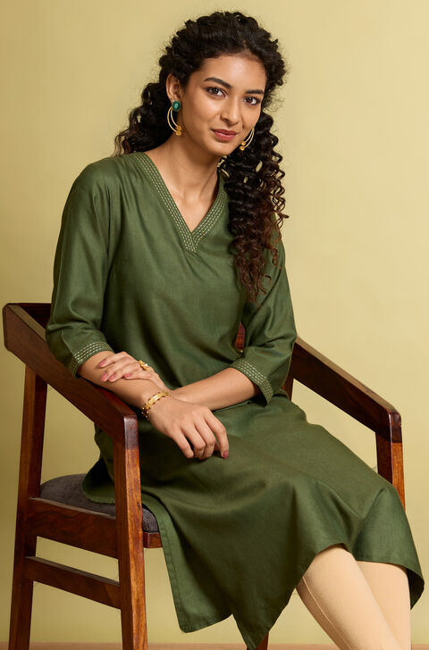 Dark Green Silk Viscose Embroidered Kurta