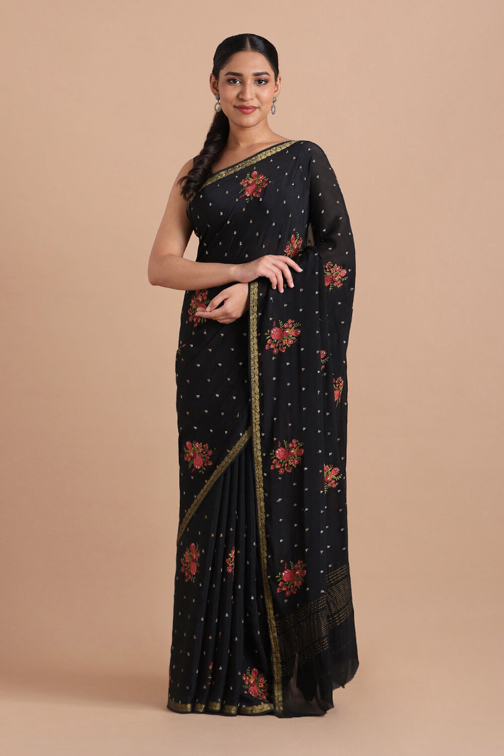 Black Pure Viscose Embroidered Saree image number null