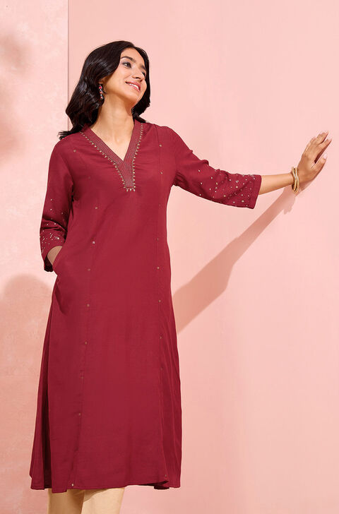 Dark Red Cotton Viscose Embroidered Kurta