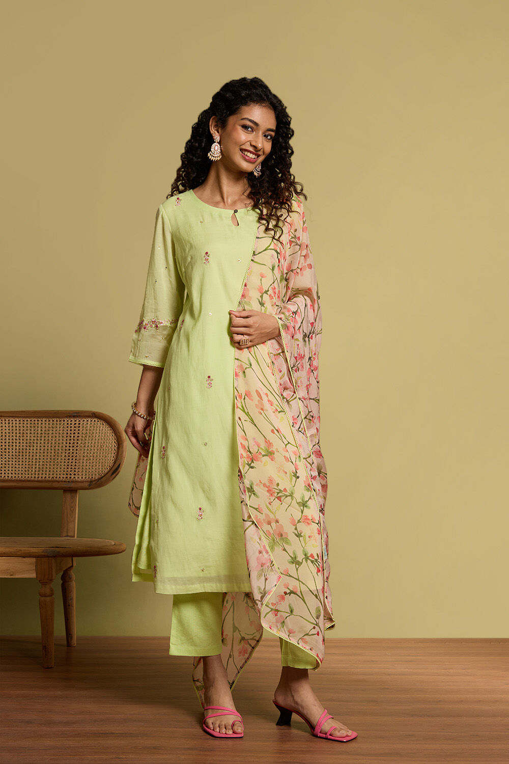 Light Green Pure Cotton Embroidered Kurta Set image number null