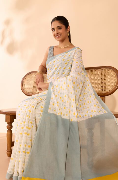 Off White Screen Printed Bengal Mulmul Saree
