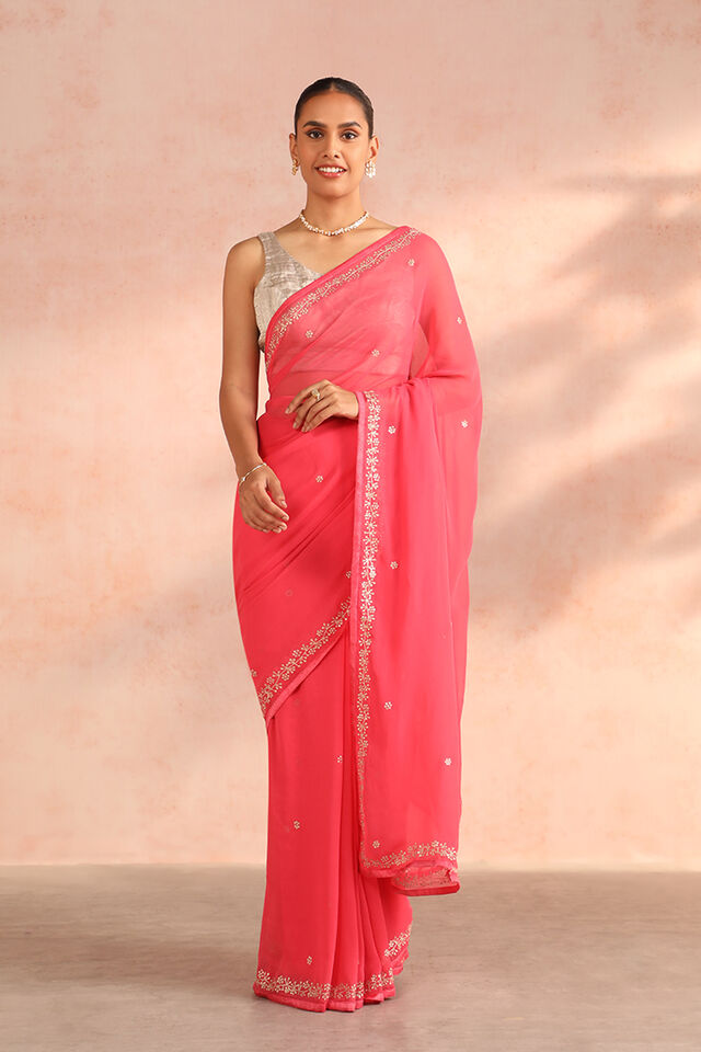 Pink Bengal Viscose Georgette Aari Embroidery Saree