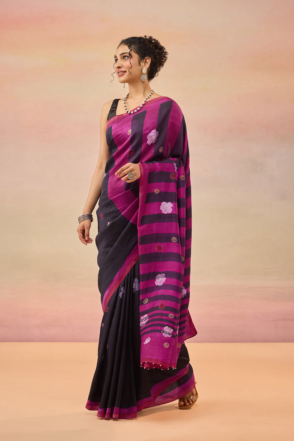Dark Blue Bengal Pure Silk Hand Painted Embroidered Saree image number null