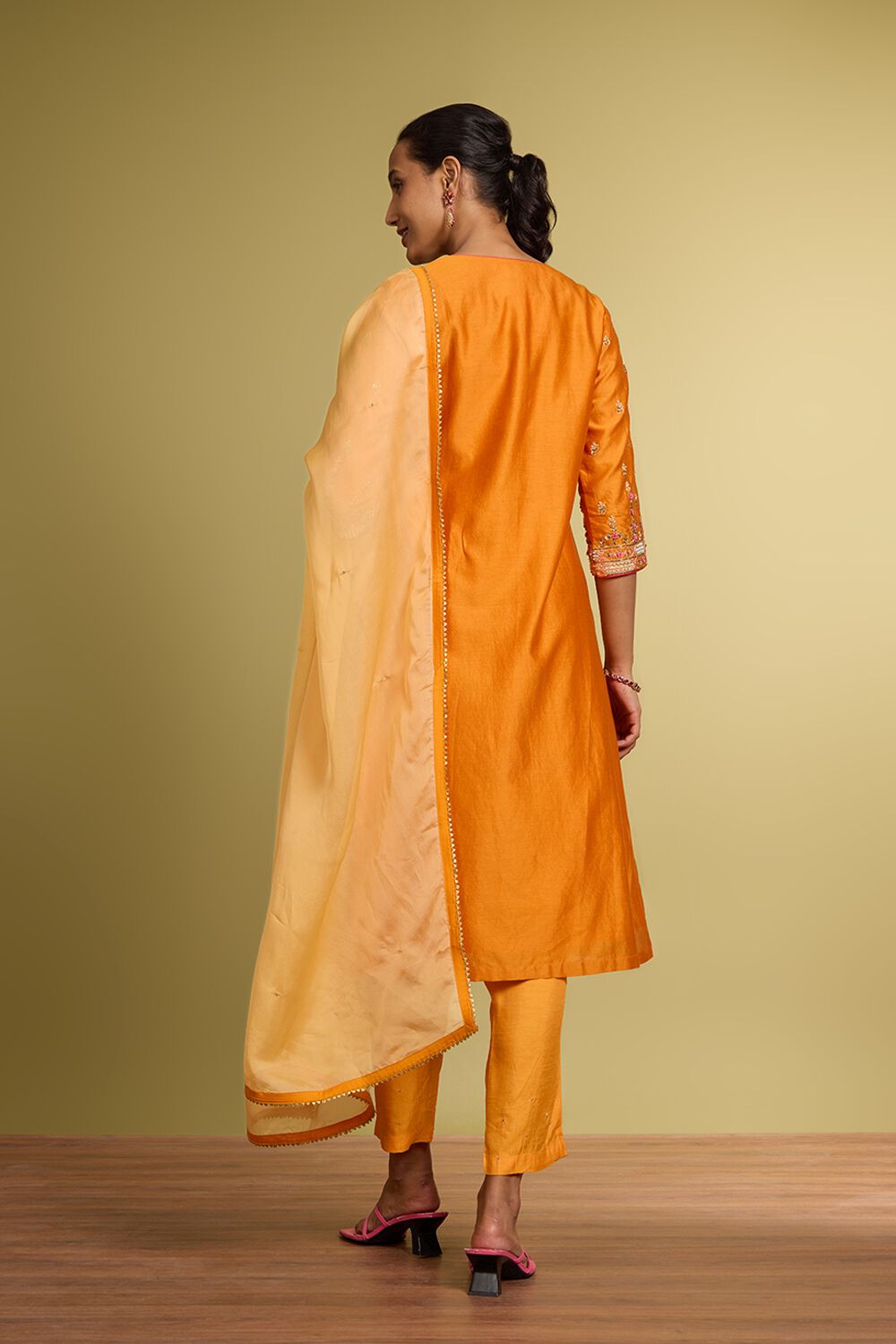 Orange Pure Silk Cotton Embroidered Kurta Set image number null