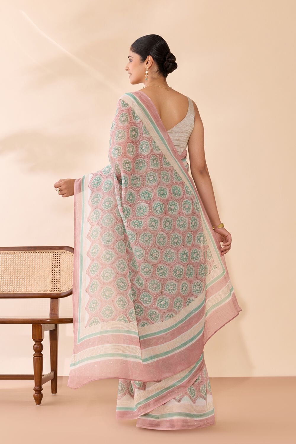 Light Pink Rajasthan Pure Silk Cotton Printed Mukaish Saree image number null