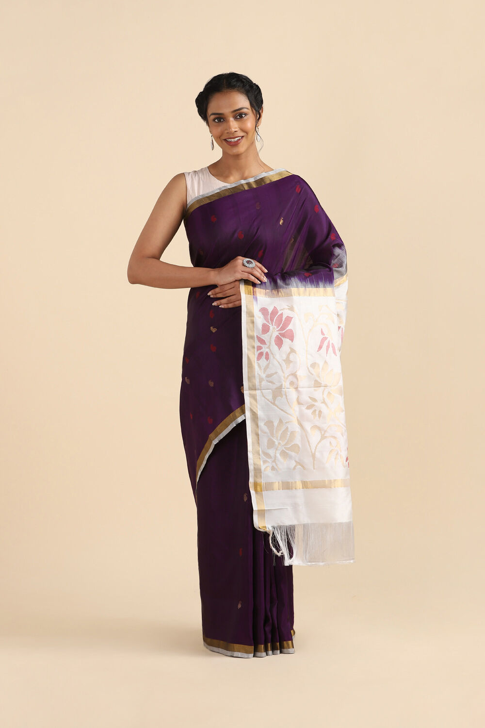Dark Violet Pure Silk Uppada Jamdani Saree image number null