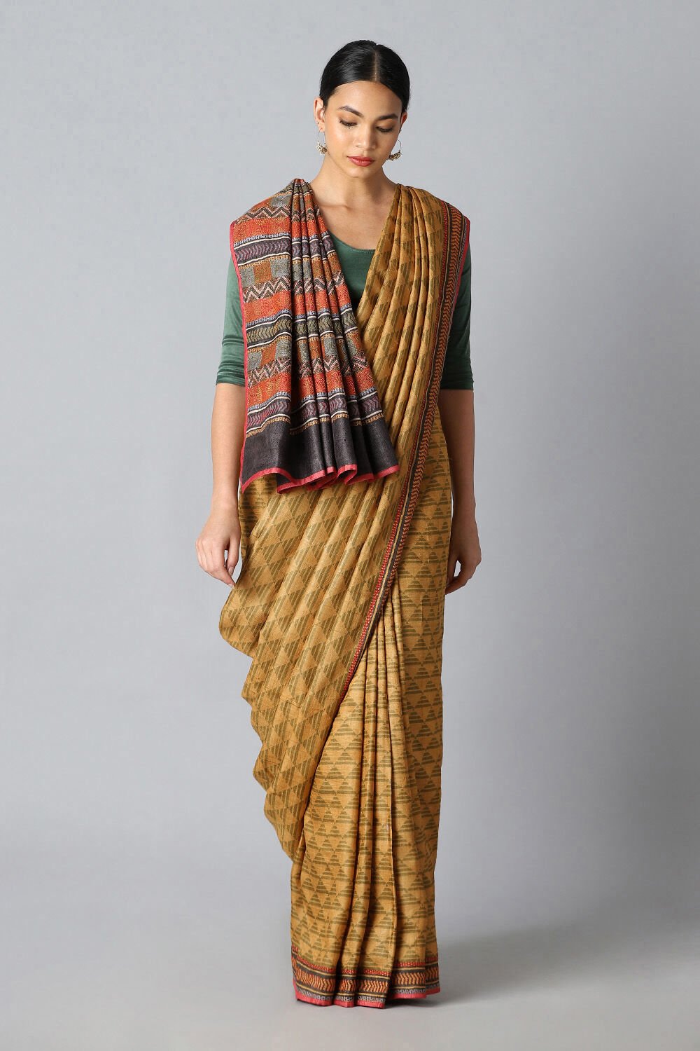 Dark Pure Yellow Tussar Printed Saree image number null