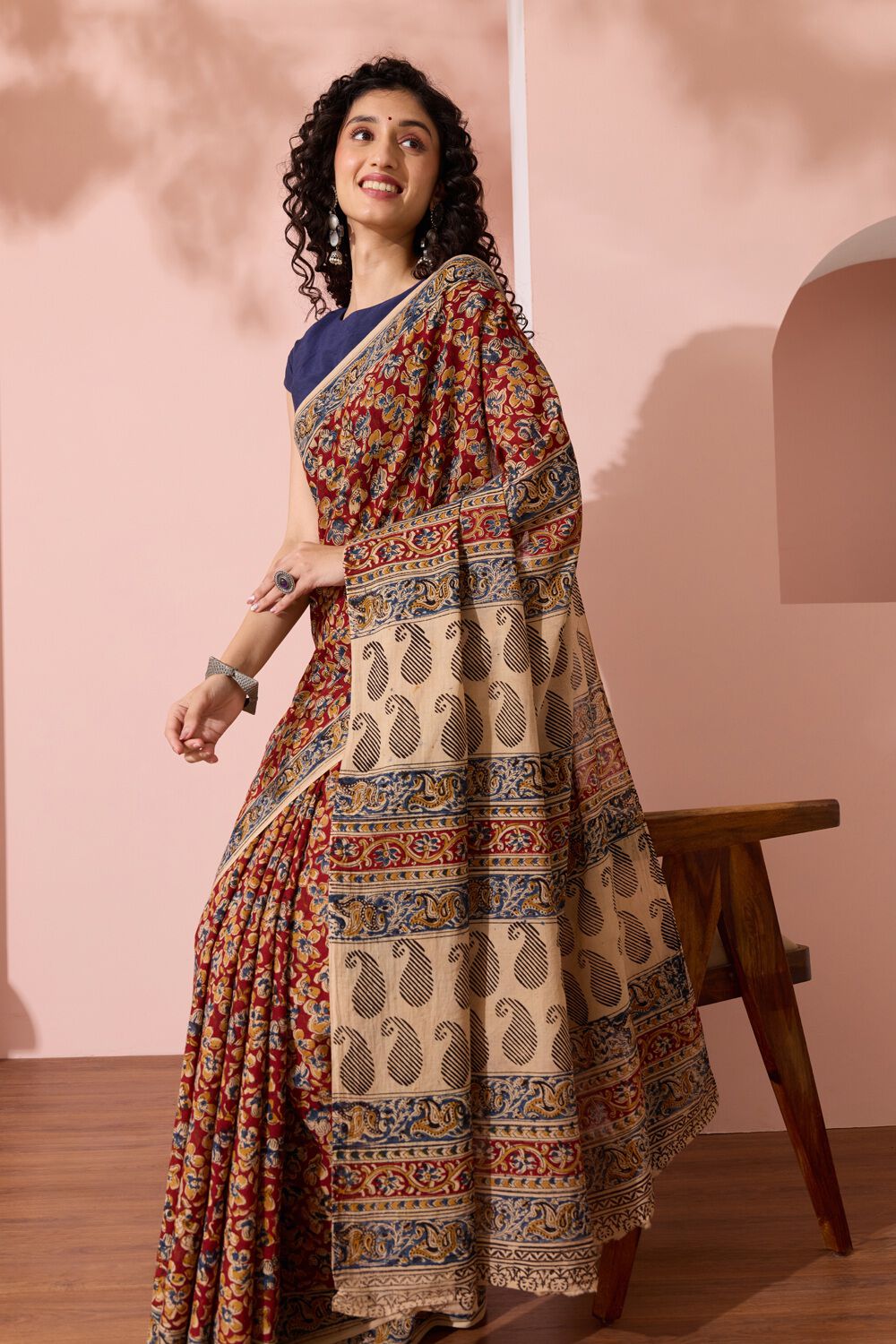 Red Printed Kalamkari Machilipatnam Pure Cotton Saree image number null