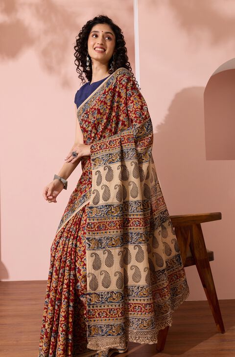 Red Printed Kalamkari Machilipatnam Pure Cotton Saree