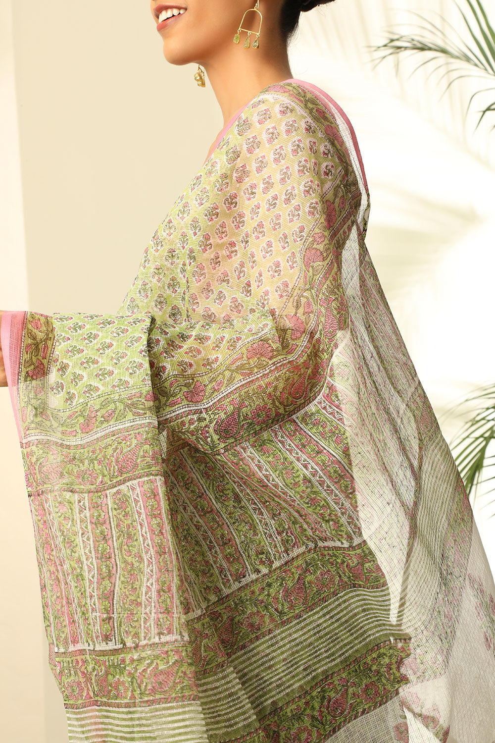 Light Green Pure Cotton Kota Bagru Block Printed Saree image number null