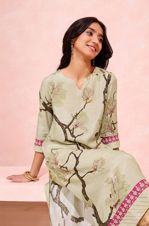 Beige Printed Viscose Kurta