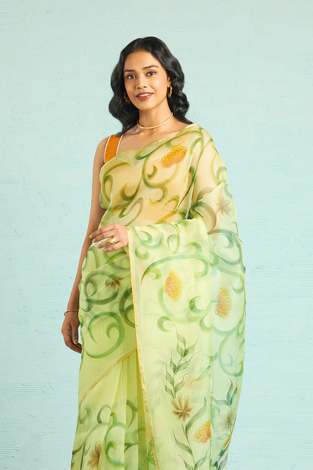 Yellow Pure Silk Organza Hand Painted Banarasi Saree image number null