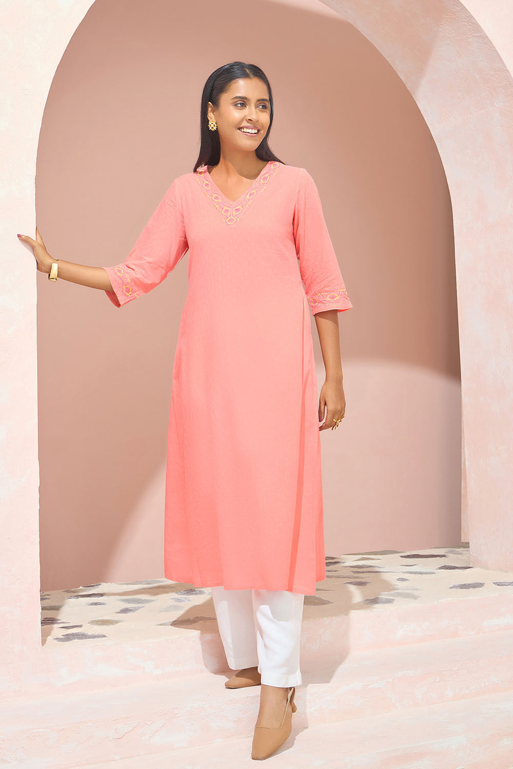 Light Orange Pure Cotton Chikankari Kurta image number null