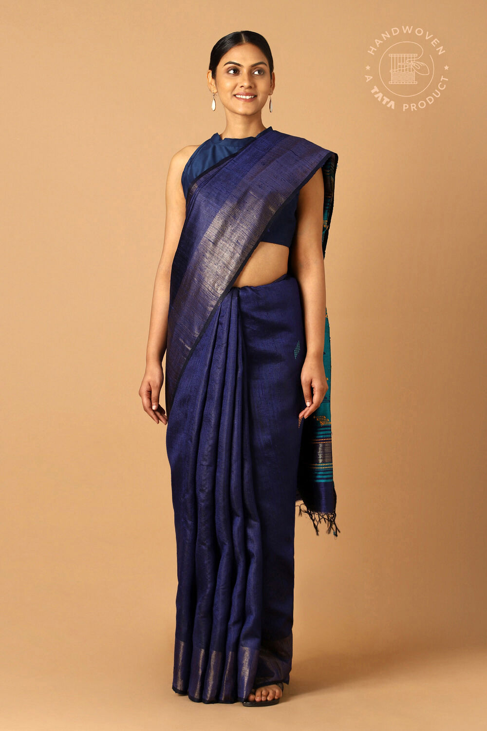 Dark Blue Pure Tussar Silk Bhagalpuri Saree image number null