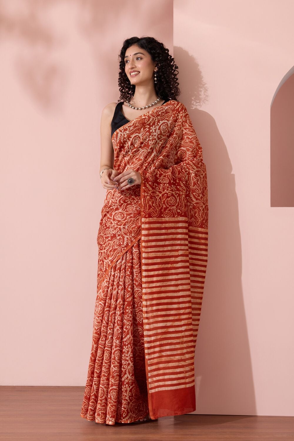 Dark Orange Ujjain Batik Pure Silk Cotton Saree image number null