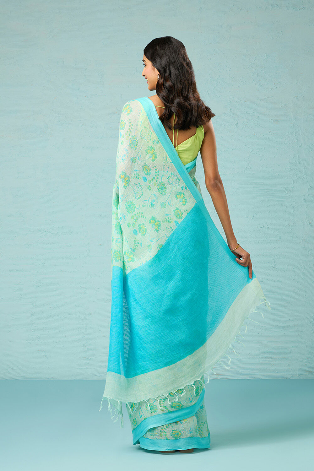 Blue Screen Printed Pure Linen Saree image number null