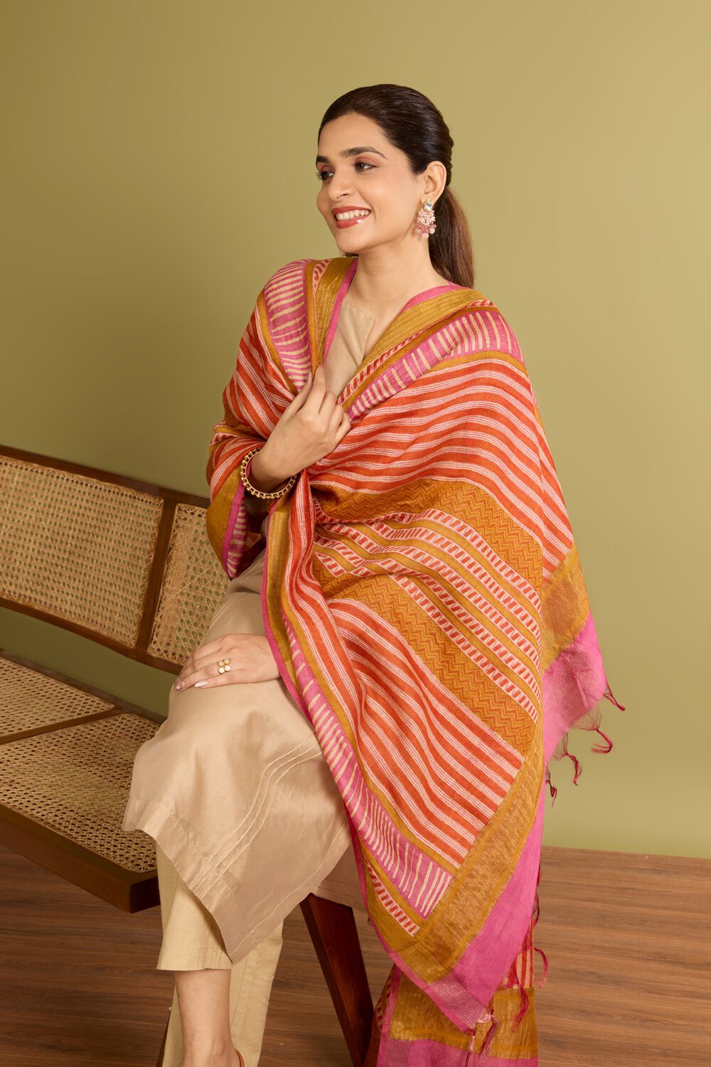 Orange Block Printed Silk Muga Dupatta image number null
