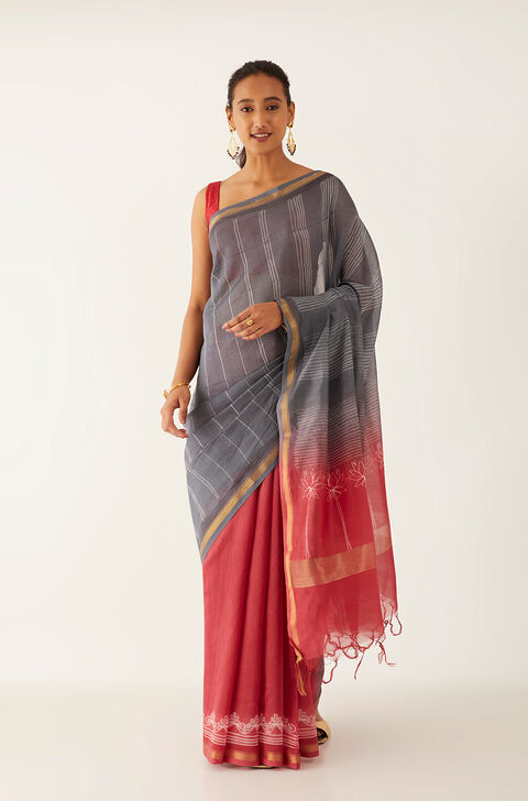 Pink and Gey Pure Silk Cotton Shibori Saree
