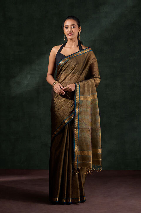 Black Woven Pure Tissue Cotton Maheshwari Saree