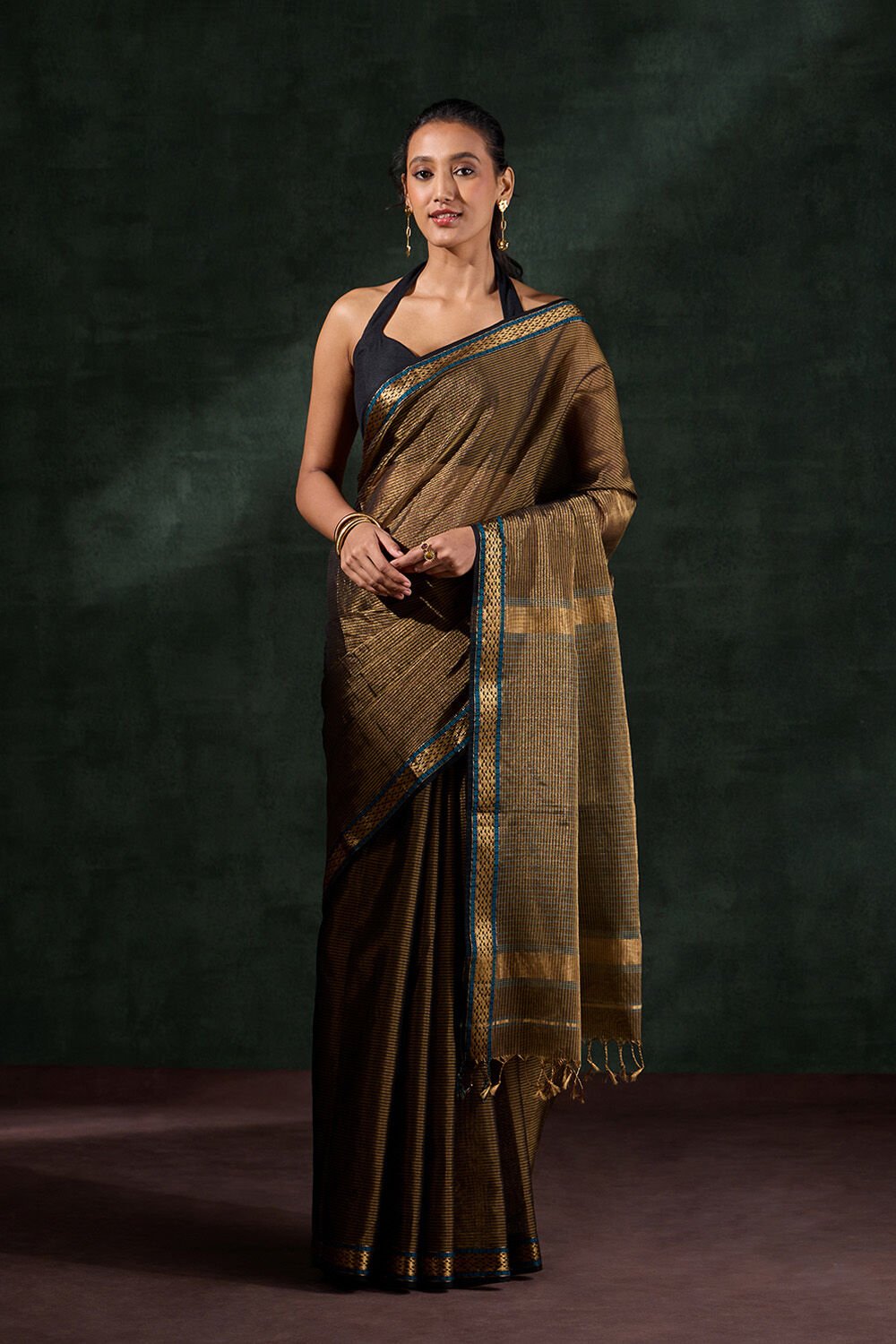 Black Woven Pure Tissue Cotton Maheshwari Saree image number null