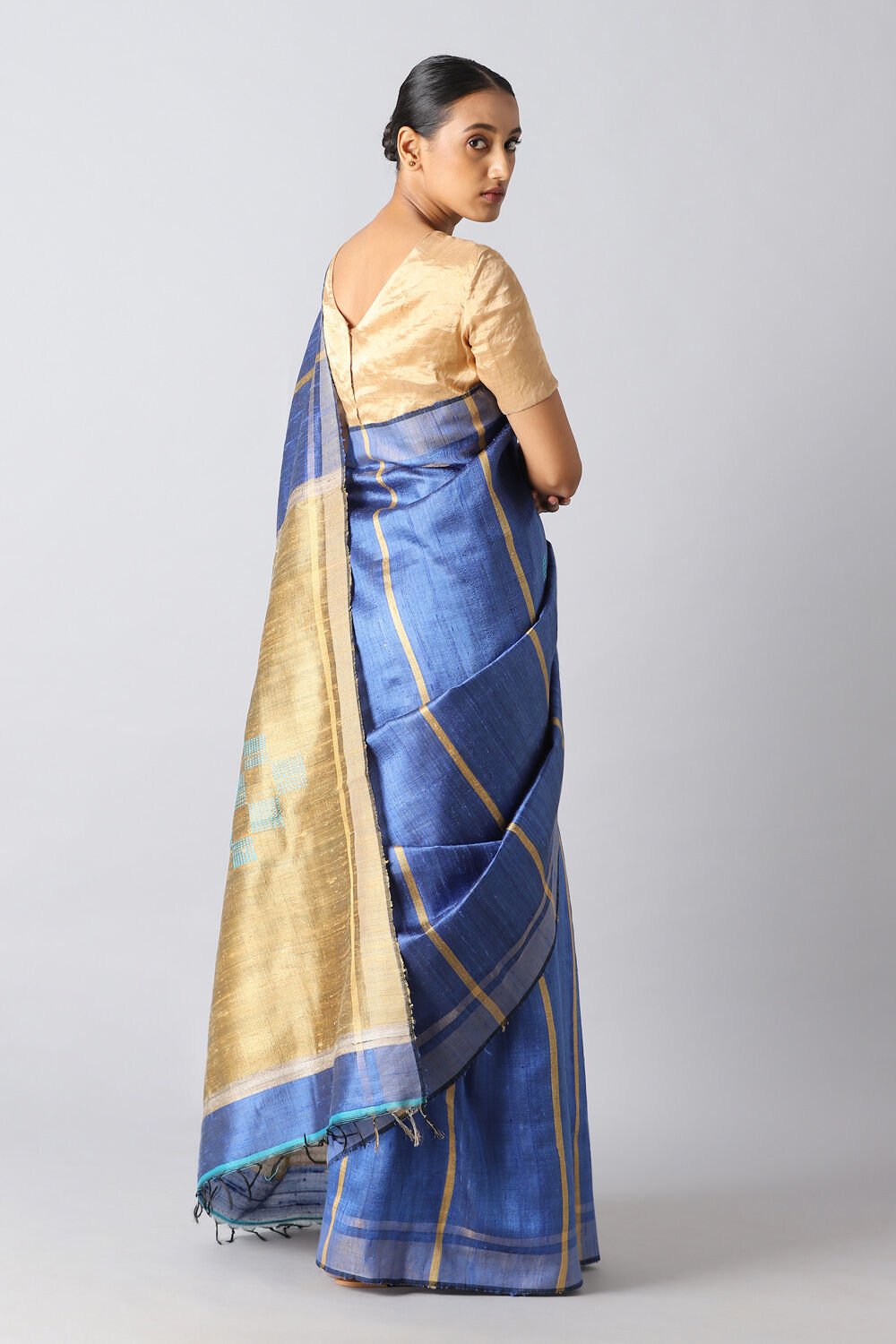 Dark Blue Pure Tussar Silk Bhagalpuri Saree image number null