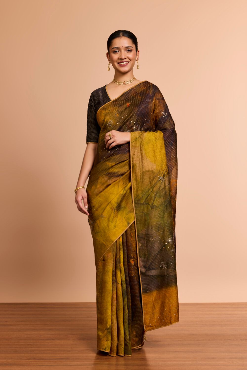 Yellow Pure Silk Printed Embroidered Saree image number null