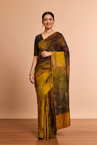 Yellow Pure Silk Printed Embroidered Saree thumbnail image number null