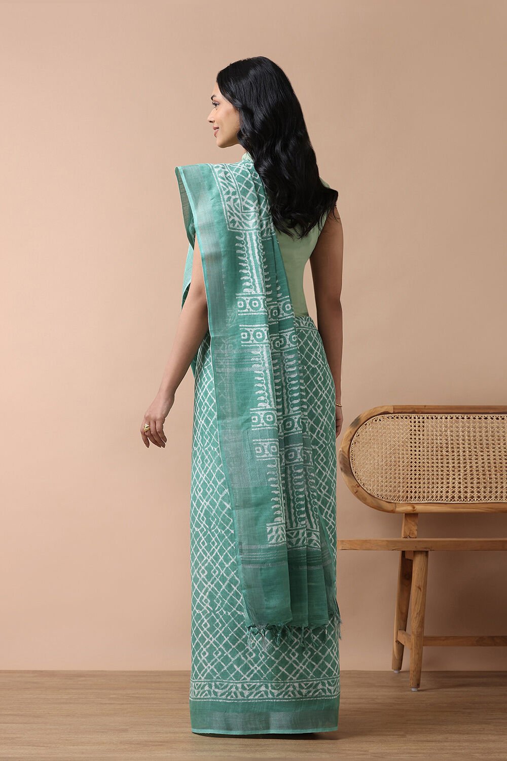 Green Cotton Viscose Contemporary Block Printed Saree image number null