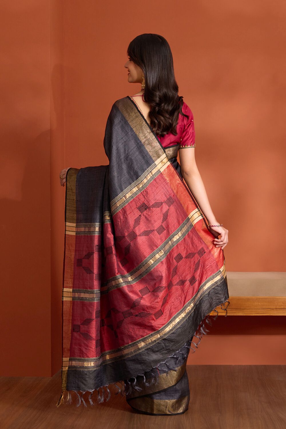 Black Pure Tussar Silk Bhagalpur Woven Saree image number null