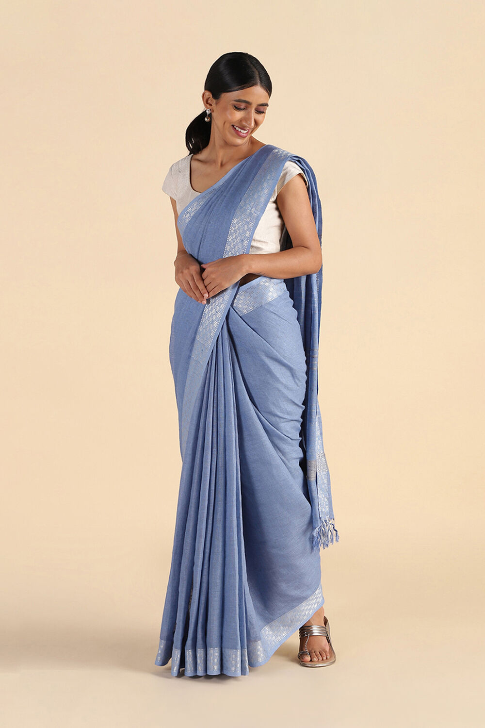 Light Blue Handwoven Bhagalpuri Pure Linen Saree image number null