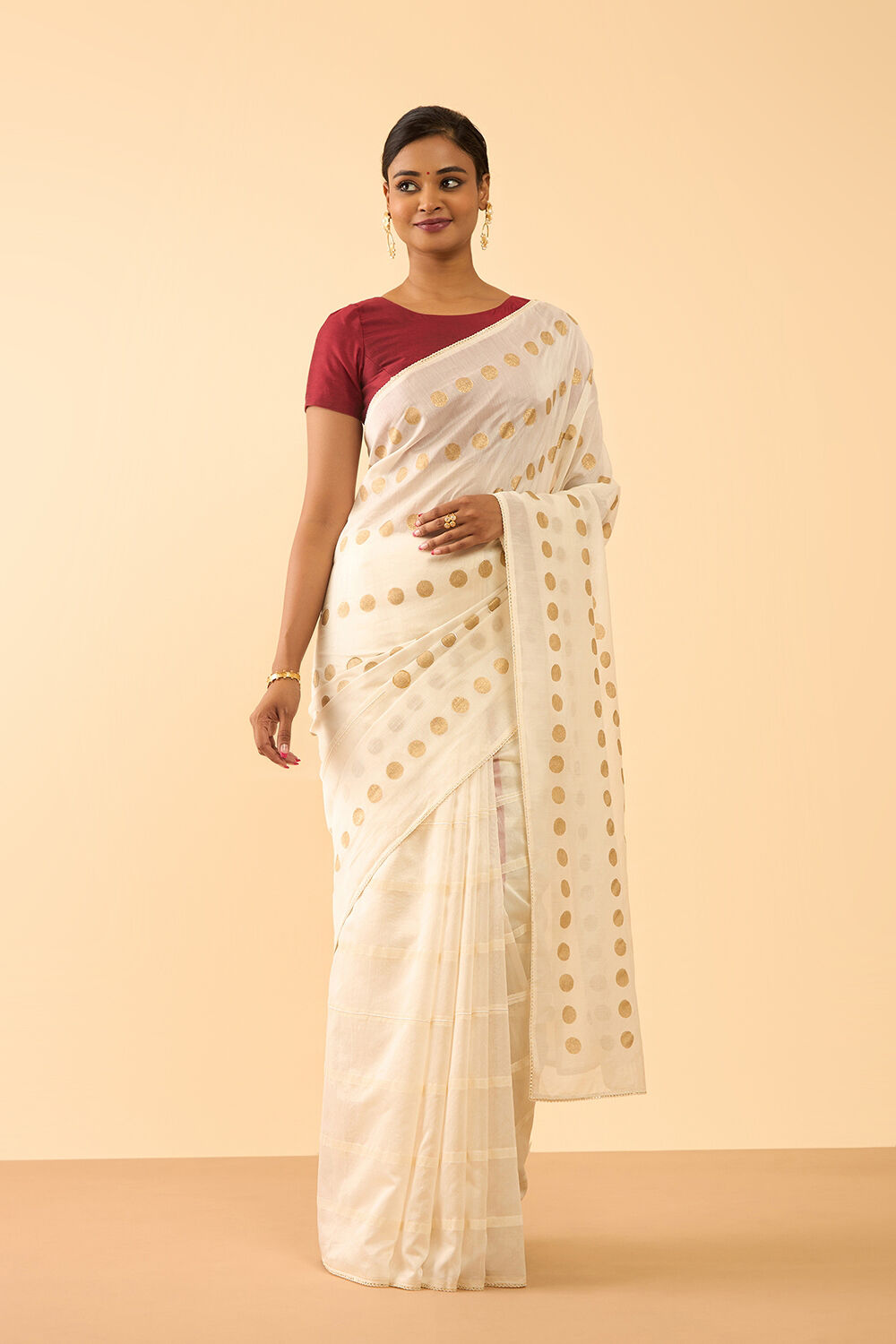 Off White Pure Silk Cotton Block Printed Embroidered Saree image number null