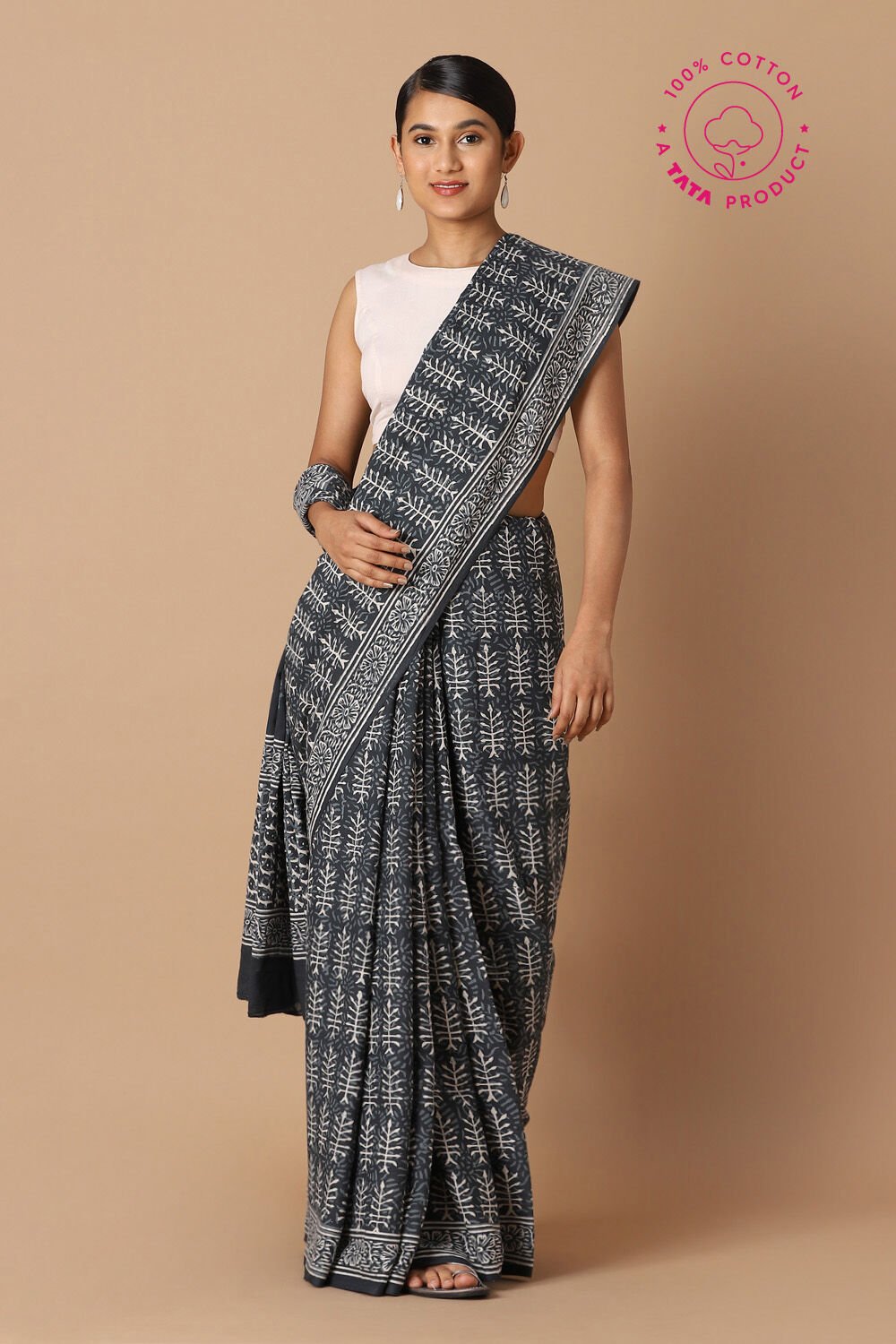 Black Pure Cotton Block Printed Saree image number null