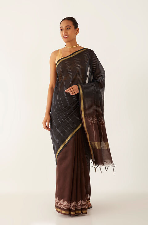 Brown and Black Pure Silk Cotton Shibori Saree