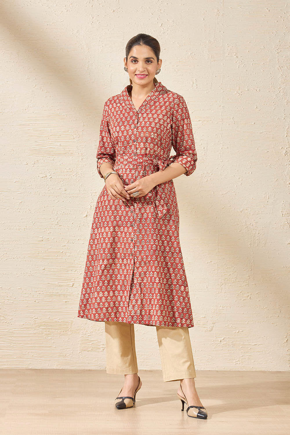 Red Pure Cotton Printed Sanganeri Kurta image number null