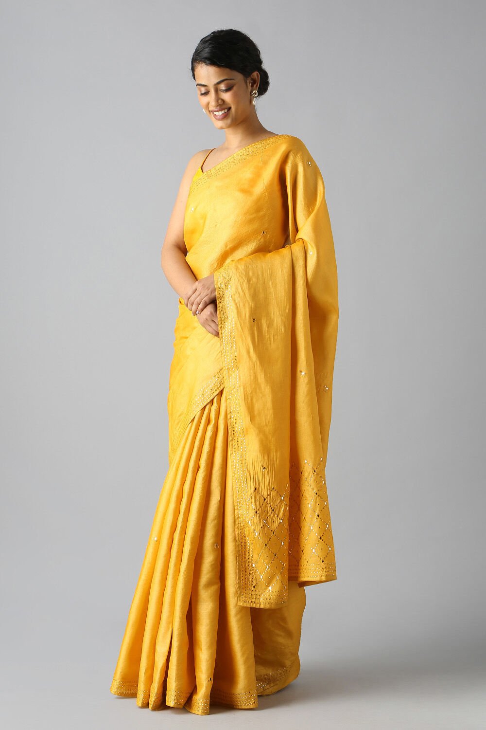 Yellow Pure Tussar Silk Embroidered Saree image number null