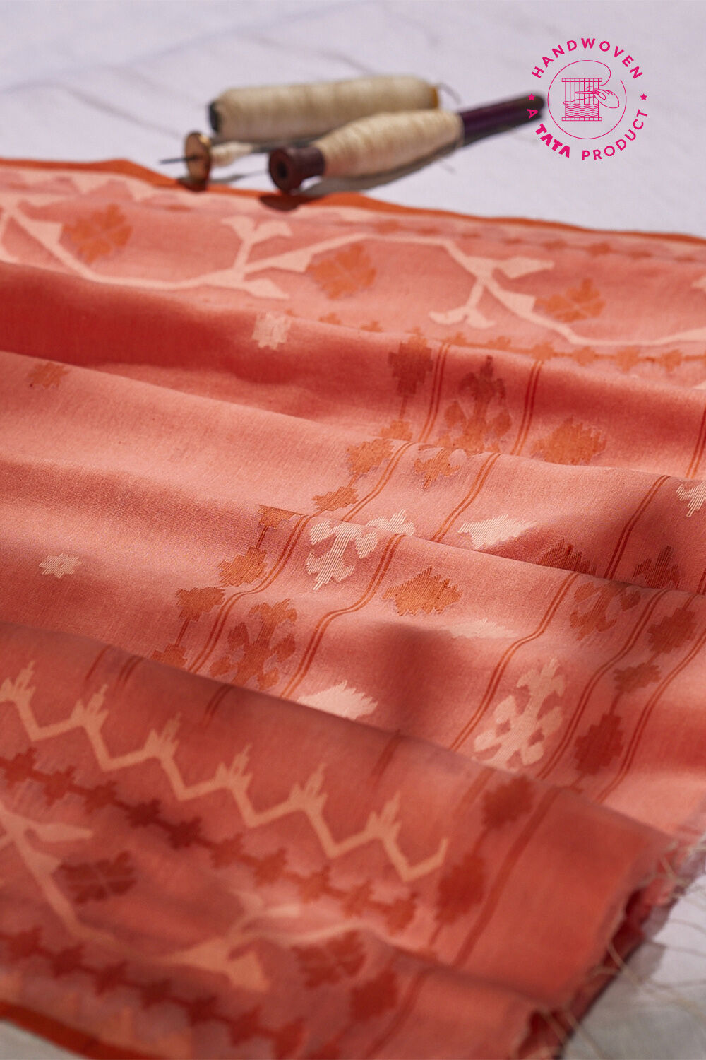 Light Orange Silk Khadi Cotton Bengal Jamdani Saree image number null