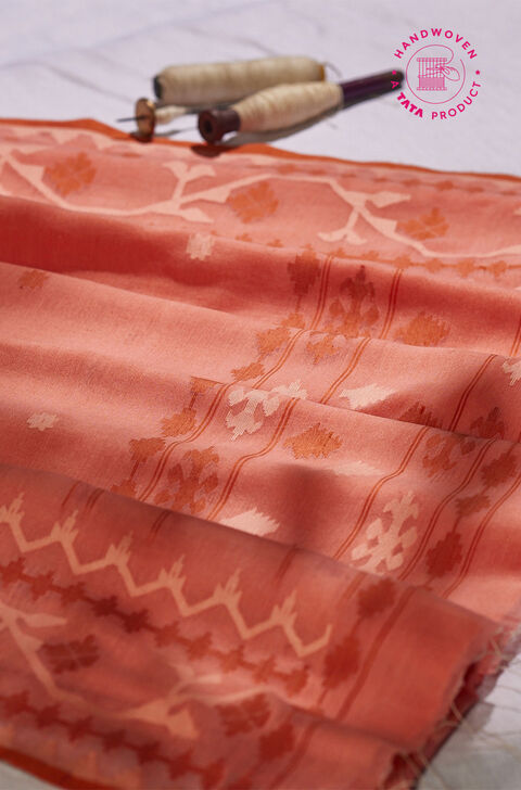 Light Orange Silk Khadi Cotton Bengal Jamdani Saree