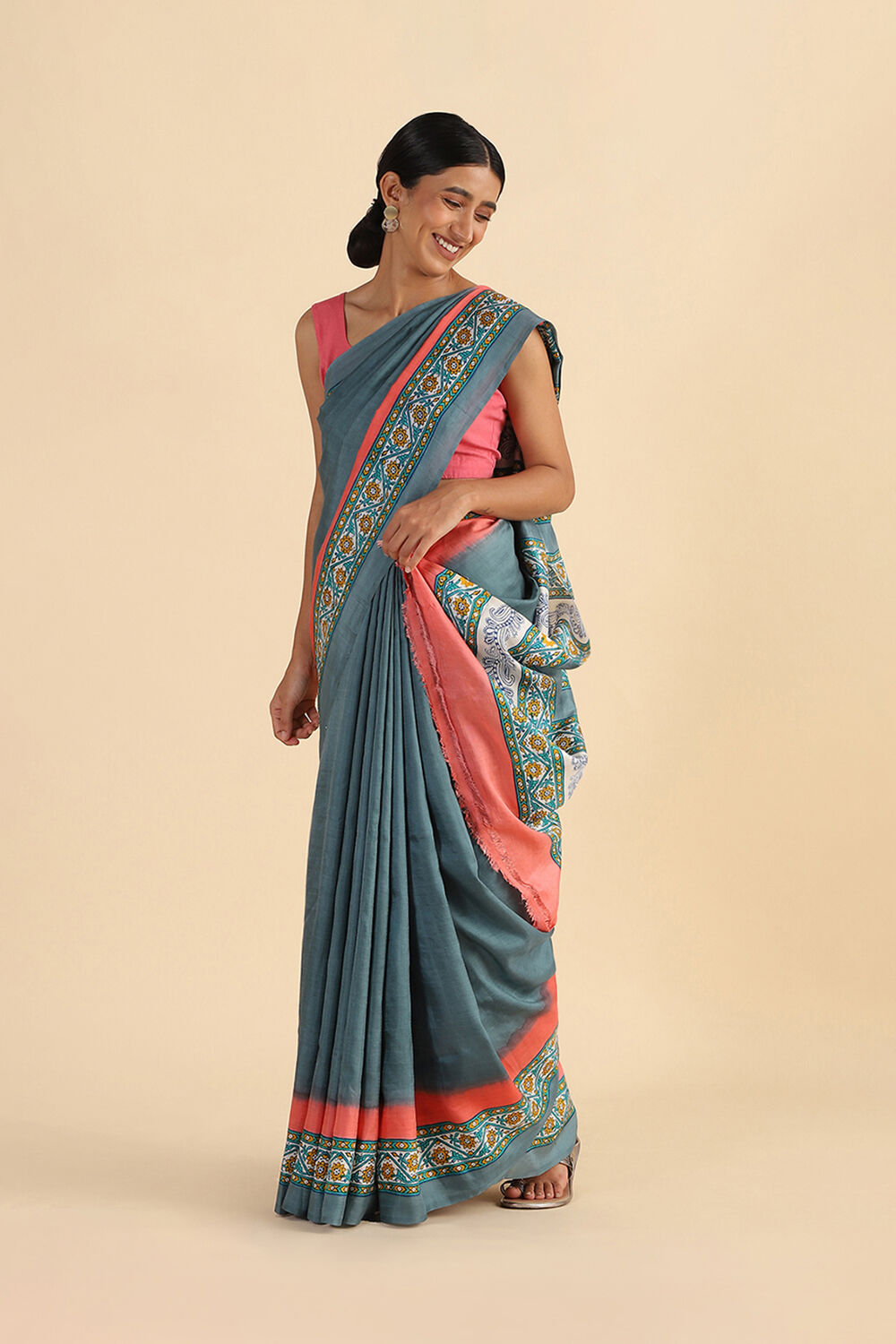 Grey Hand Blockprinted Pure Silk Saree image number null