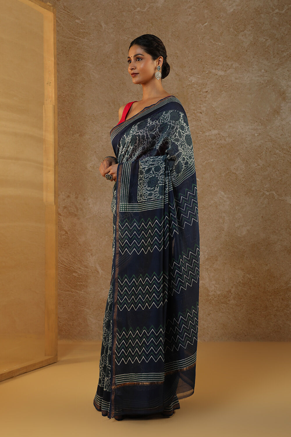 Blue Block Printed Pure Silk Cotton Chanderi Saree image number null