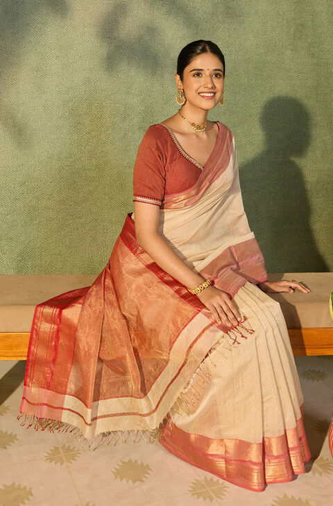 Off White Woven Pure Tissue Cotton Maheshwari Saree