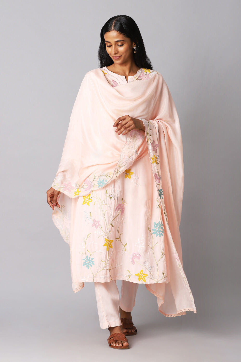 Light Pink Viscose Applique Kurta Set image number null