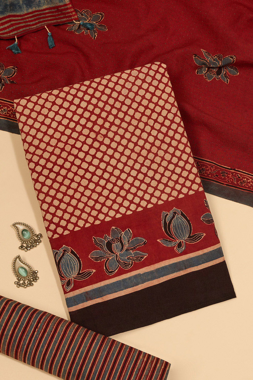 Dark Red Pure Cotton Ajrakh Unstitched Suit Set image number null