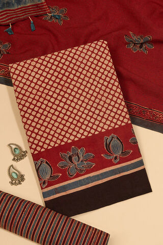 Dark Red Pure Cotton Ajrakh Unstitched Suit Set image number